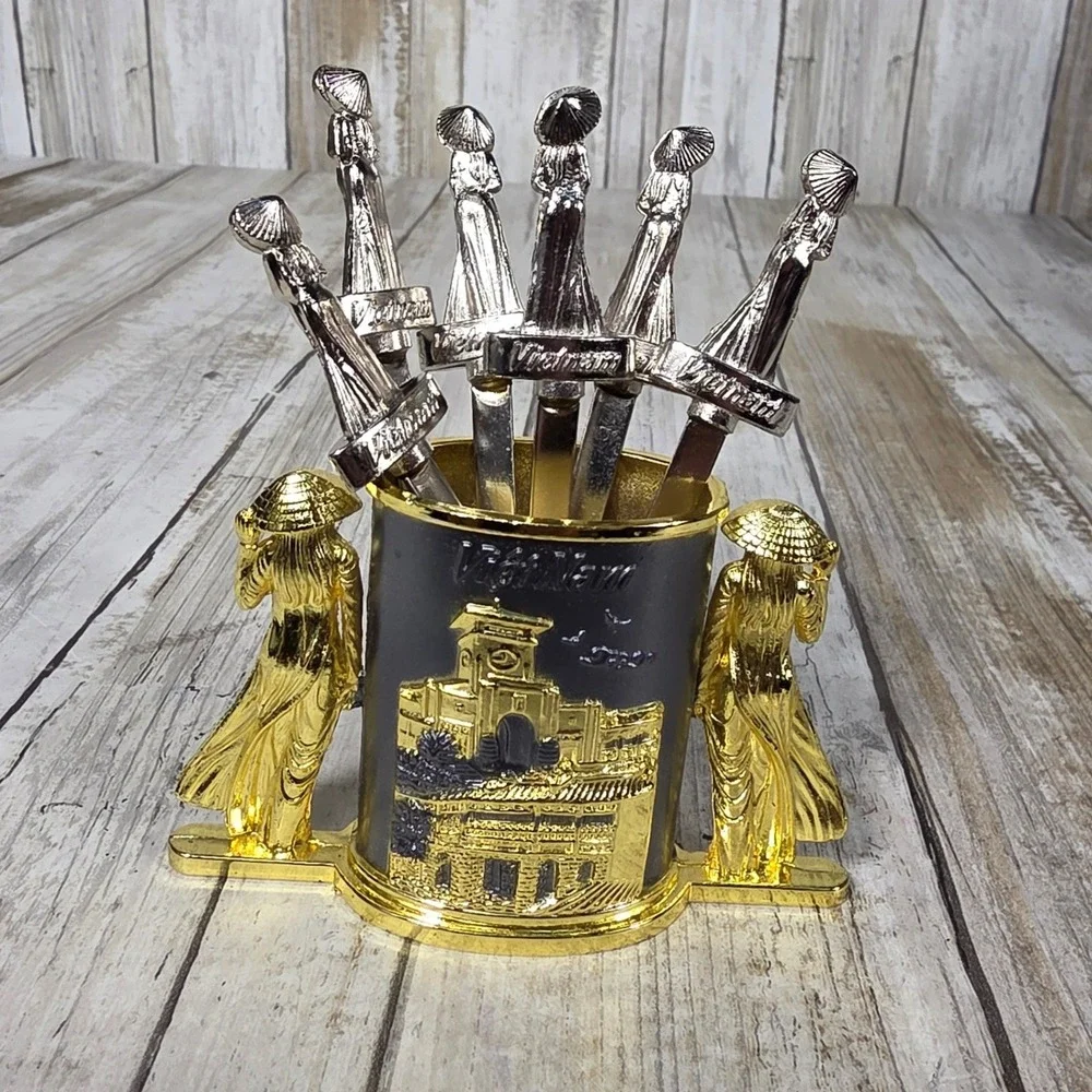 Vietnam Souvenir Appetizer Fork Set 6 Piece Metal Conical Hat Ao Dai Gold Silver